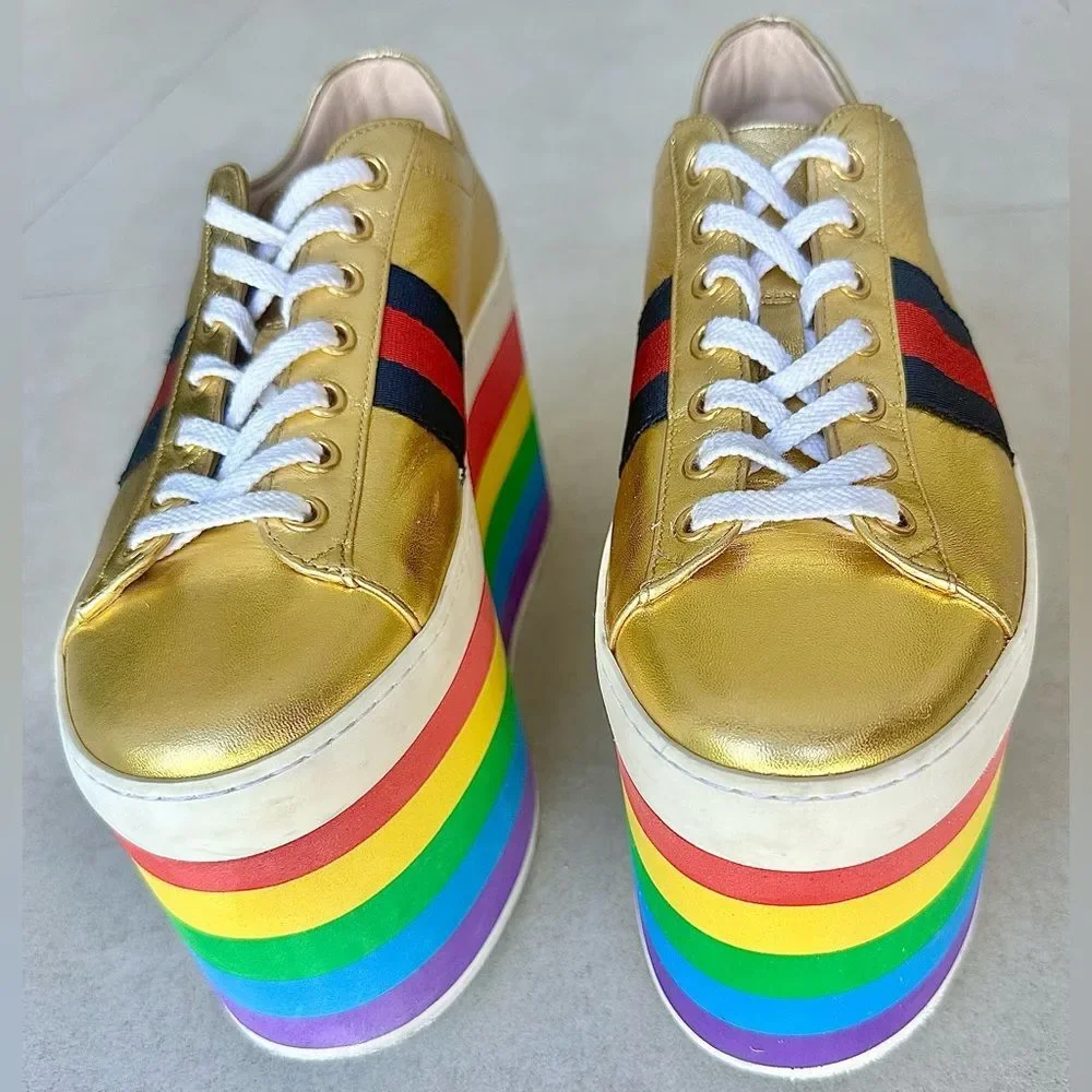Gucci Peggy Rainbow Platform Sneakers EU 38 US 8 Gold Lace Up Slatform Shoes